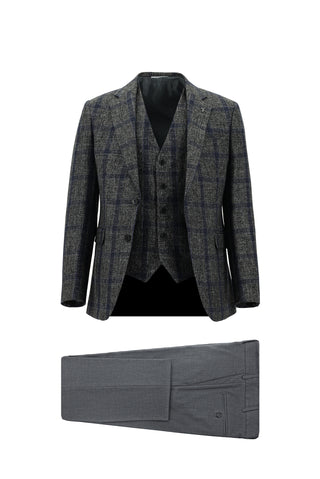  Koyu Füme 7 Drop Slim Fit Dar Kesim Yünlü Kombinli Yelekli Takım Elbise