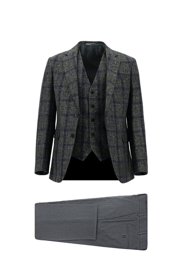  Koyu Füme Slim Fit Dar Kesim Yünlü Kombinli Yelekli Takım Elbise