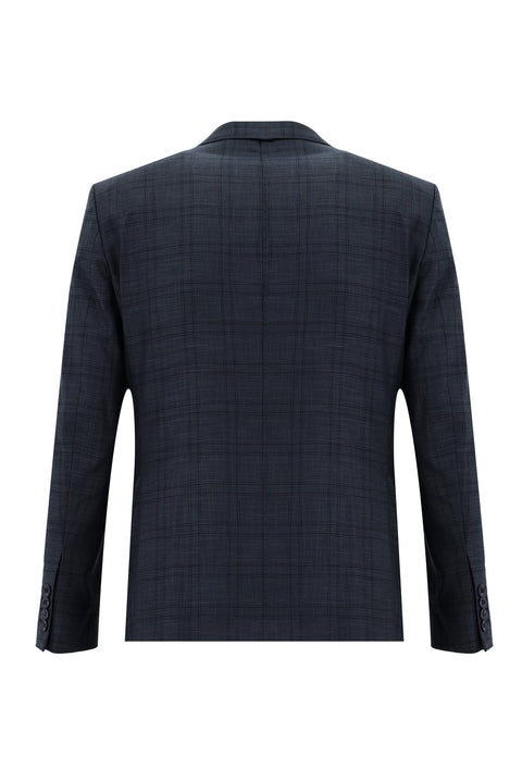 Orta Lacivert 7 Drop Slim Fit Dar Kesim Ekose Takım Elbise