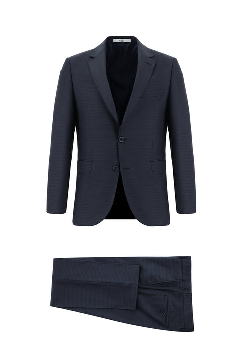 Koyu Lacivert 7 Drop Slim Fit Dar Kesim Ekose Takım Elbise