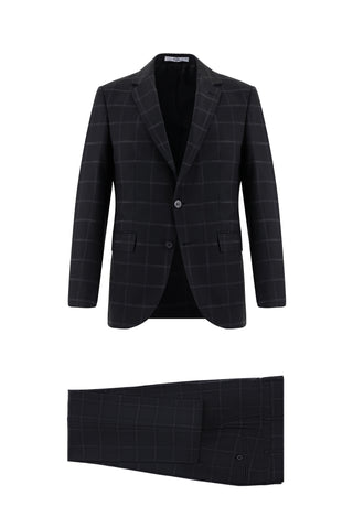  Siyah Slim Fit Dar Kesim Klasik Ekose Takım Elbise