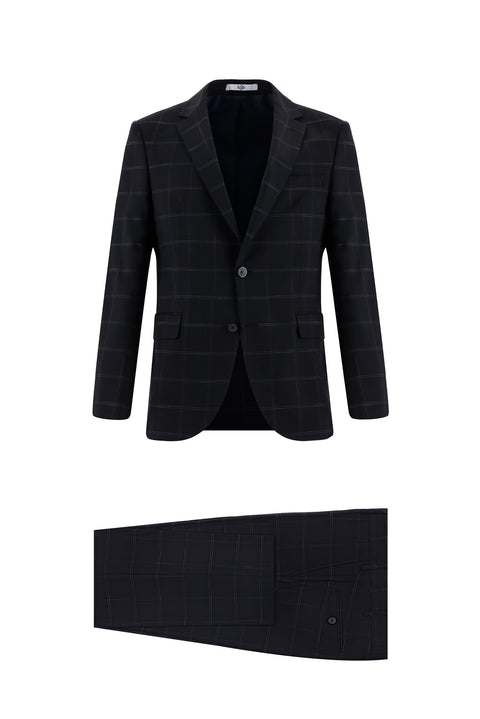 Koyu Lacivert 7 Drop Slim Fit Dar Kesim Ekose Takım Elbise