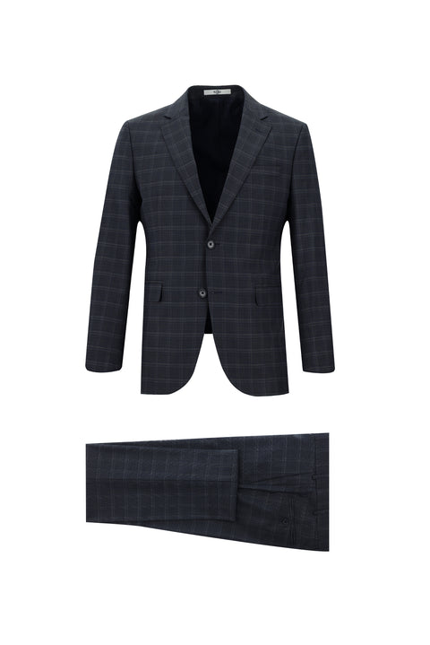 Açık Lacivert 7 Drop Slim Fit Dar Kesim Ekose Takım Elbise