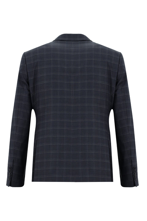 Orta Lacivert 7 Drop Slim Fit Dar Kesim Ekose Takım Elbise