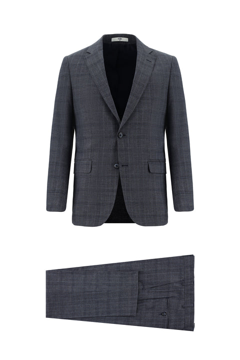 Açık Lacivert 4 Drop Relaxed Fit Rahat Kesim Ekose Takım Elbise