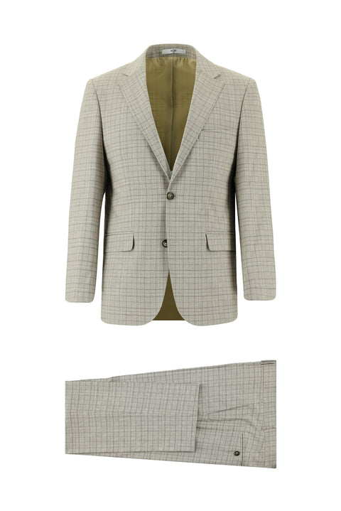 Açık Bej 4 Drop Relaxed Fit Rahat Kesim Ekose Takım Elbise