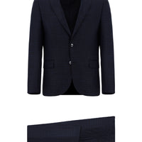 Koyu Lacivert Slim Fit Dar Kesim Klasik Ekose Takım Elbise