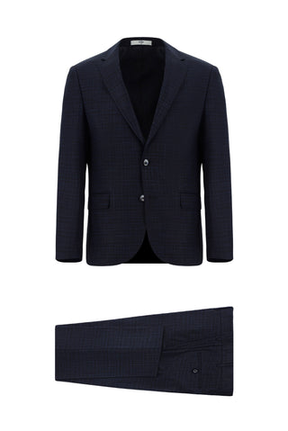  Koyu Lacivert Slim Fit Dar Kesim Klasik Ekose Takım Elbise