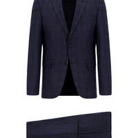Koyu Lacivert Slim Fit Dar Kesim Klasik Ekose Takım Elbise