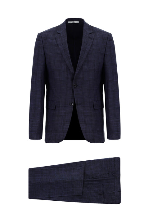 Koyu Lacivert 7 Drop Slim Fit Dar Kesim Ekose Takım Elbise