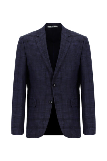Koyu Lacivert Slim Fit Dar Kesim Klasik Ekose Takım Elbise