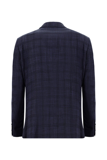 Koyu Lacivert Slim Fit Dar Kesim Klasik Ekose Takım Elbise