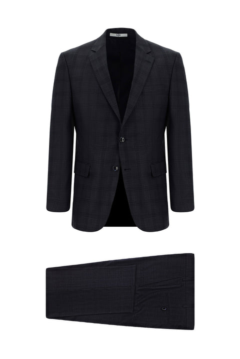 Koyu Antrasit 7 Drop Slim Fit Dar Kesim Ekose Takım Elbise