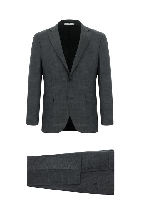 Koyu Antrasit 7 Drop Slim Fit Dar Kesim Ekose Takım Elbise