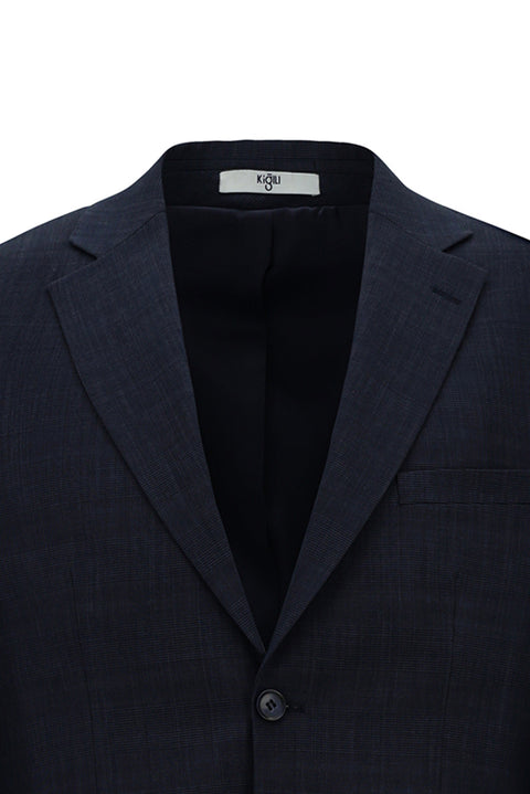 Koyu Lacivert 4 Drop Relaxed Fit Rahat Kesim Ekose Beli Lastikli Takım Elbise