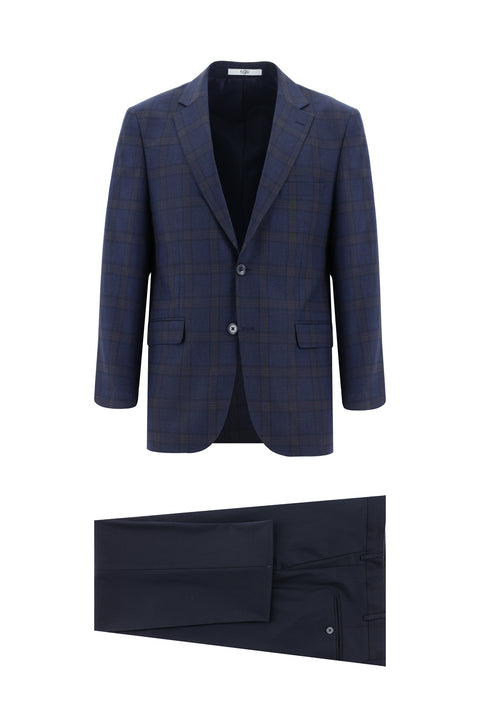 Koyu Lacivert 7 Drop Slim Fit Dar Kesim Ekose Kombinli Takım Elbise
