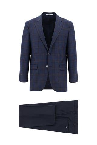  Koyu Lacivert 7 Drop Slim Fit Dar Kesim Ekose Kombinli Tak?m Elbise-Ki??l?