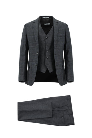  Orta Füme Super Slim Fit Ekstra Dar Kesim Ekose Yelekli Kombinli Takım Elbise