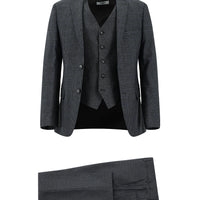 Orta Füme 7 Drop Slim Fit Dar Kesim Ekose Yelekli Kombinli Takım Elbise