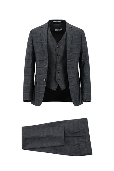 Orta Füme 7 Drop Slim Fit Dar Kesim Ekose Yelekli Kombinli Takım Elbise