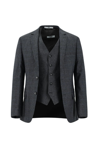  Orta Füme Super Slim Fit Ekstra Dar Kesim Ekose Yelekli Kombinli Takım Elbise