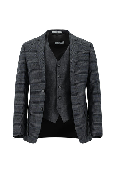  Orta Füme Super Slim Fit Ekstra Dar Kesim Ekose Yelekli Kombinli Takım Elbise