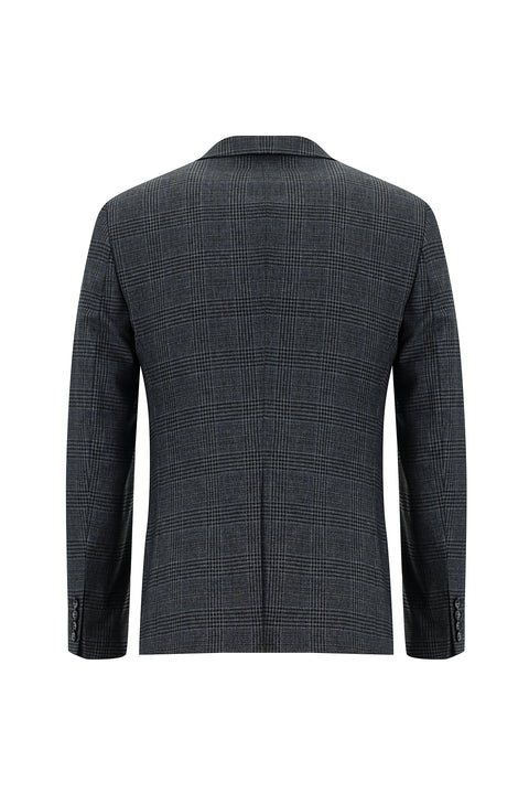 Orta Füme 7 Drop Slim Fit Dar Kesim Ekose Yelekli Kombinli Takım Elbise