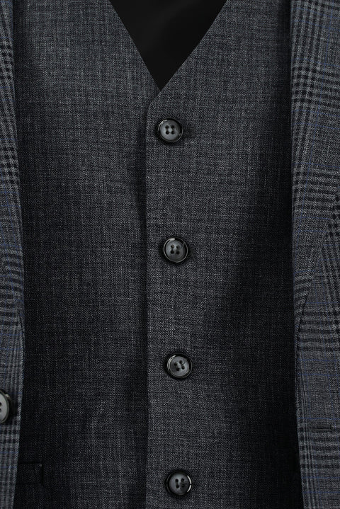Orta Füme 7 Drop Slim Fit Dar Kesim Ekose Yelekli Kombinli Takım Elbise