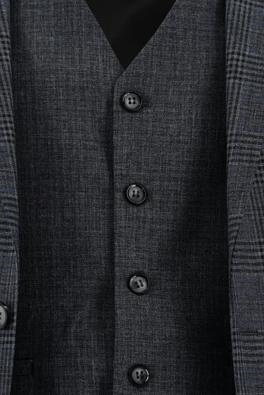 Orta Füme 7 Drop Slim Fit Dar Kesim Ekose Yelekli Kombinli Takım Elbise