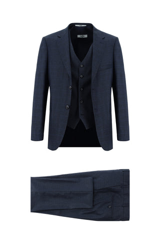  Koyu Lacivert Slim Fit Dar Kesim Ekose Yelekli Kombinli Takım Elbise