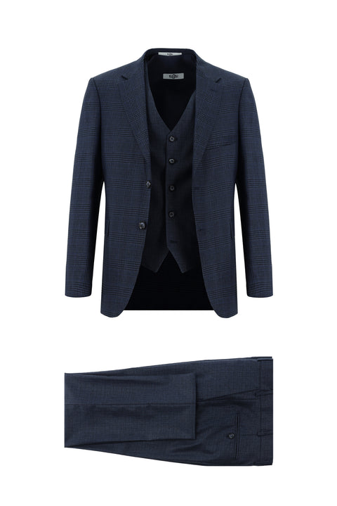 Koyu Lacivert 7 Drop Slim Fit Dar Kesim Ekose Yelekli Kombinli Takım Elbise