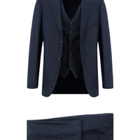 Koyu Lacivert 6 Drop Regular Fit Standart Kesim Ekose Yelekli Kombinli Takım Elbise