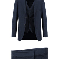 Koyu Lacivert Super Slim Fit Ekstra Dar Kesim Ekose Yelekli Kombinli Takım Elbise