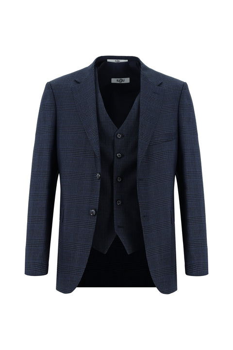 Koyu Lacivert 6 Drop Regular Fit Standart Kesim Ekose Yelekli Kombinli Takım Elbise