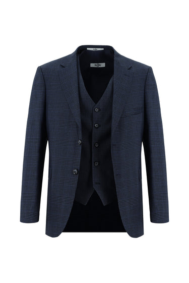  Koyu Lacivert Slim Fit Dar Kesim Ekose Yelekli Kombinli Takım Elbise