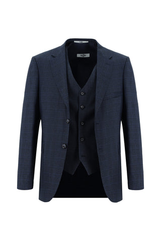  Koyu Lacivert 7 Drop Slim Fit Dar Kesim Ekose Yelekli Kombinli Takım Elbise