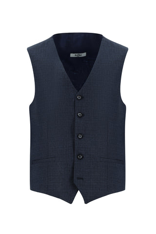  Koyu Lacivert Slim Fit Dar Kesim Ekose Yelekli Kombinli Takım Elbise