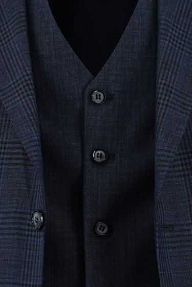 Koyu Lacivert Slim Fit Dar Kesim Ekose Yelekli Kombinli Takım Elbise