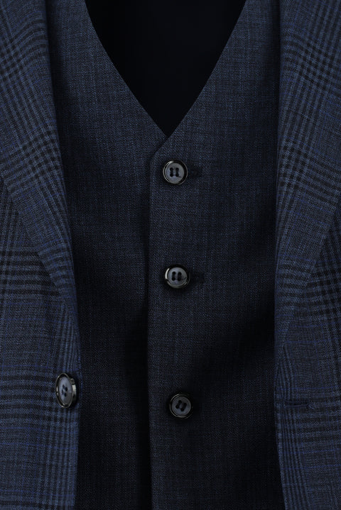 Koyu Lacivert 7 Drop Slim Fit Dar Kesim Ekose Yelekli Kombinli Takım Elbise