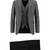 Koyu Füme Slim Fit Dar Kesim Ekose Yelekli Kombinli Takım Elbise