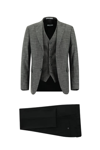  Koyu Füme Slim Fit Dar Kesim Ekose Yelekli Kombinli Takım Elbise