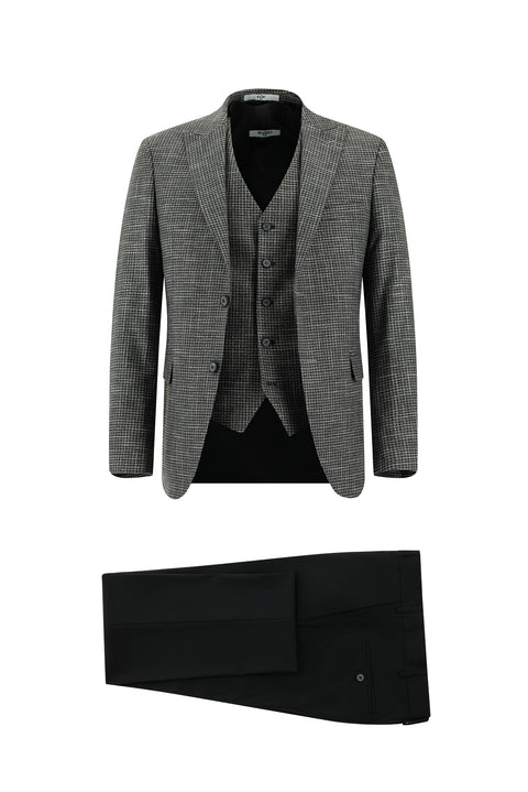 Koyu Füme 7 Drop Slim Fit Dar Kesim Ekose Yelekli Kombinli Takım Elbise