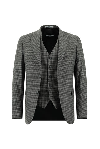  Koyu Füme Slim Fit Dar Kesim Ekose Yelekli Kombinli Takım Elbise