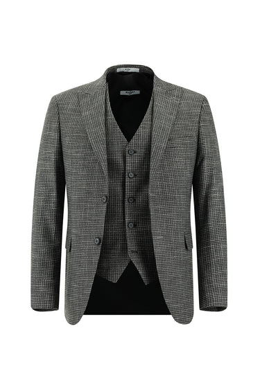 Koyu Füme Slim Fit Dar Kesim Ekose Yelekli Kombinli Takım Elbise