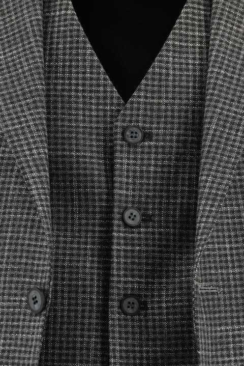 Koyu Füme 7 Drop Slim Fit Dar Kesim Ekose Yelekli Kombinli Takım Elbise