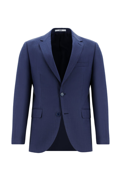 Açık Lacivert 7 Drop Slim Fit Dar Kesim Yünlü Ekose Takım Elbise