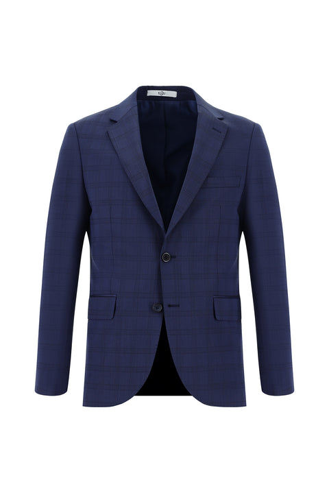 Orta Lacivert 7 Drop Slim Fit Dar Kesim Yünlü Ekose Takım Elbise