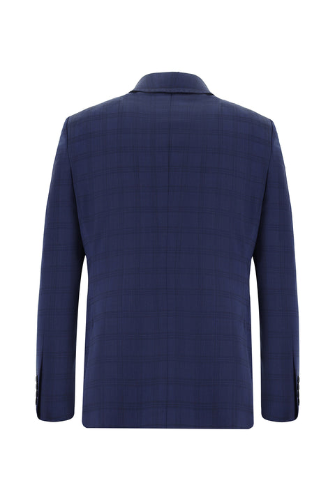 Orta Lacivert 7 Drop Slim Fit Dar Kesim Yünlü Ekose Takım Elbise