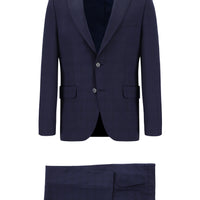 Koyu Lacivert Slim Fit Dar Kesim Yünlü Ekose Takım Elbise