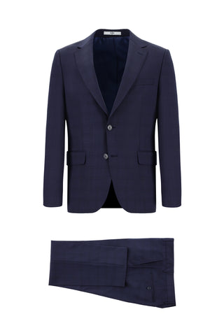  Koyu Lacivert Slim Fit Dar Kesim Yünlü Ekose Takım Elbise